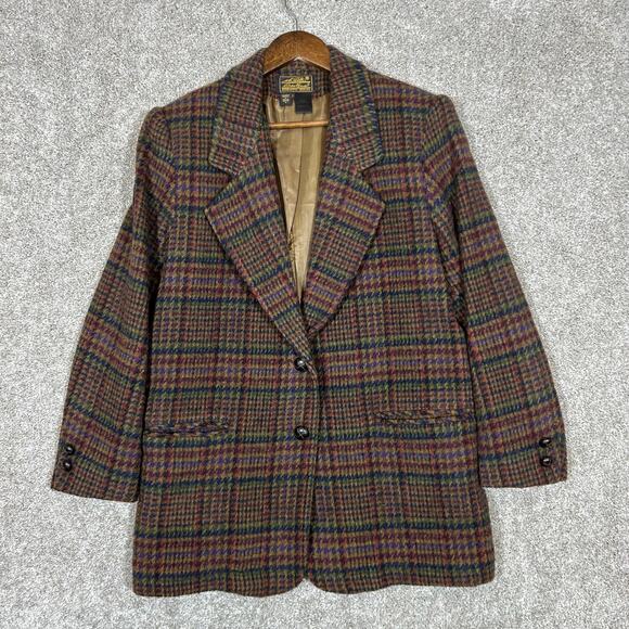 Vintage Eddie Bauer 100% Wool Academia Style Blazer Brown Plaid Petite Medium - Picture 1 of 7